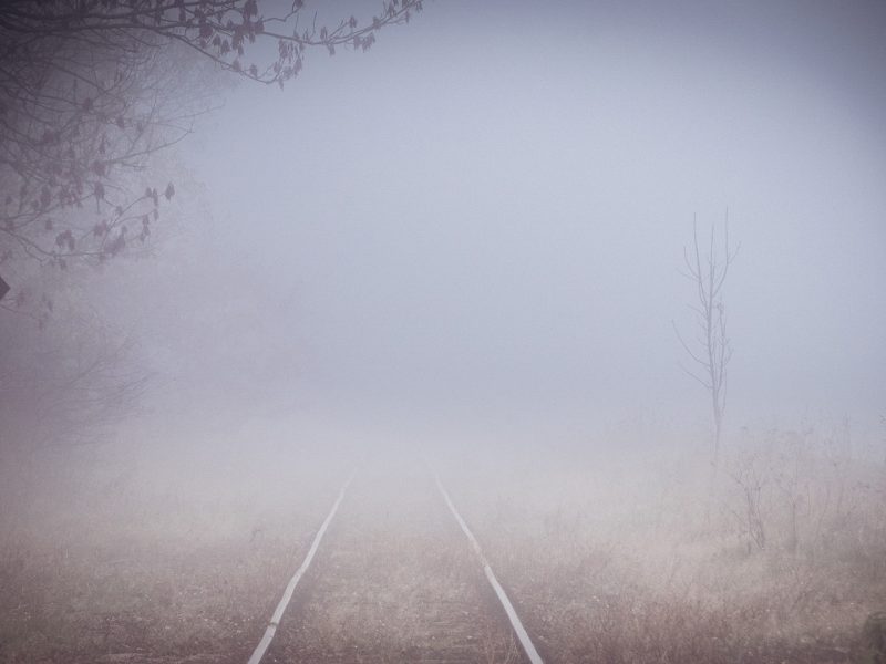 Foggy landscape showing a railroad track disappearing into the mist, with a street lamp and bare trees on the side.