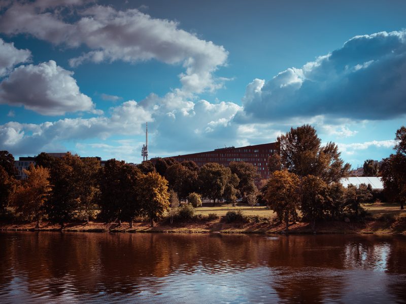 A dramatic view of a city park by a river, featuring lush trees under a cloudy sky with sunlight filtering through. A tall tower is visible in the distance, against a backdrop of urban buildings.