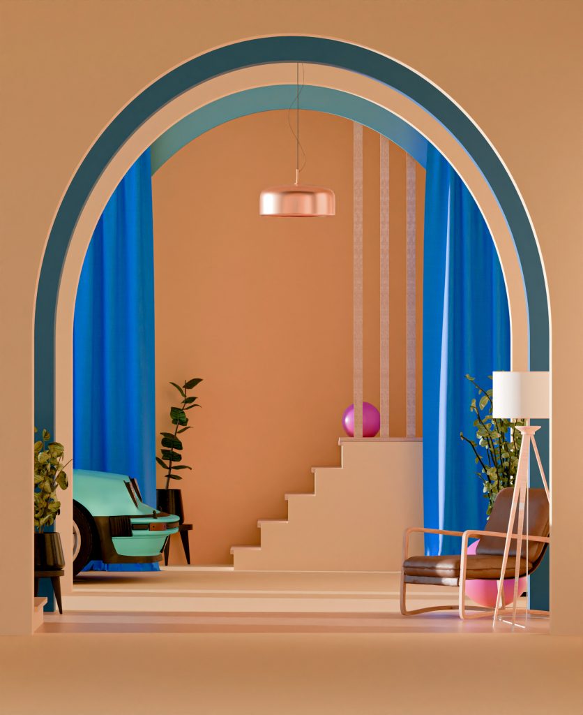 A stylish interior room featuring an arched doorway with blue curtains, white staircase, hanging pink lamp, and plants beside modern furniture including a couch and lamp. A hint of a blue car is visible. Showcasing Art and Photography Online